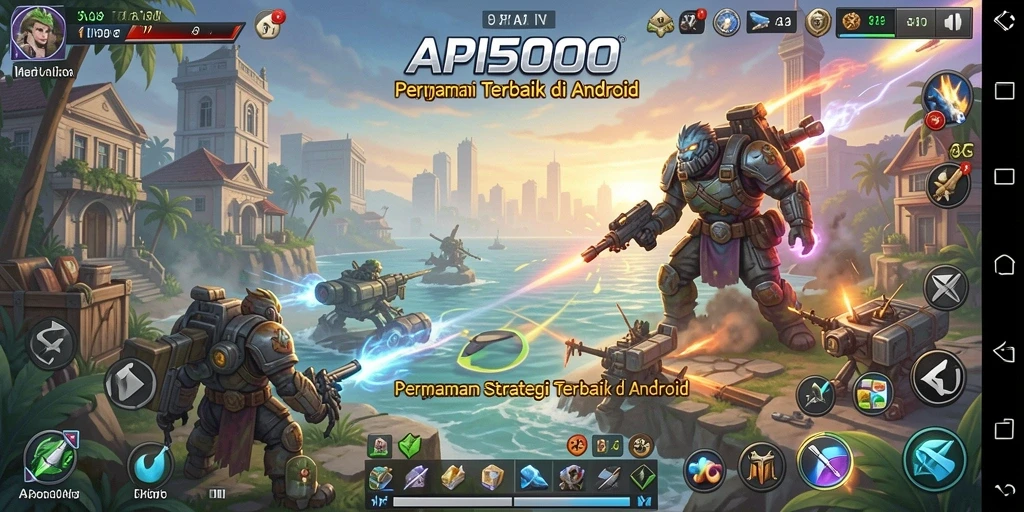 Screenshot utama API5000 menampilkan aksi pertempuran strategi yang intens dan seru.