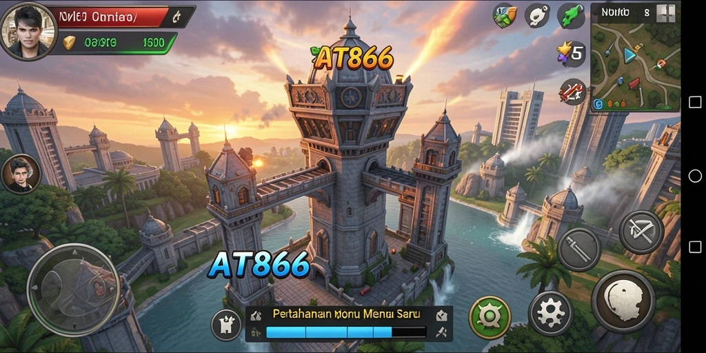 Screenshot AT866 menunjukkan aksi menara melawan gelombang musuh yang menarik.