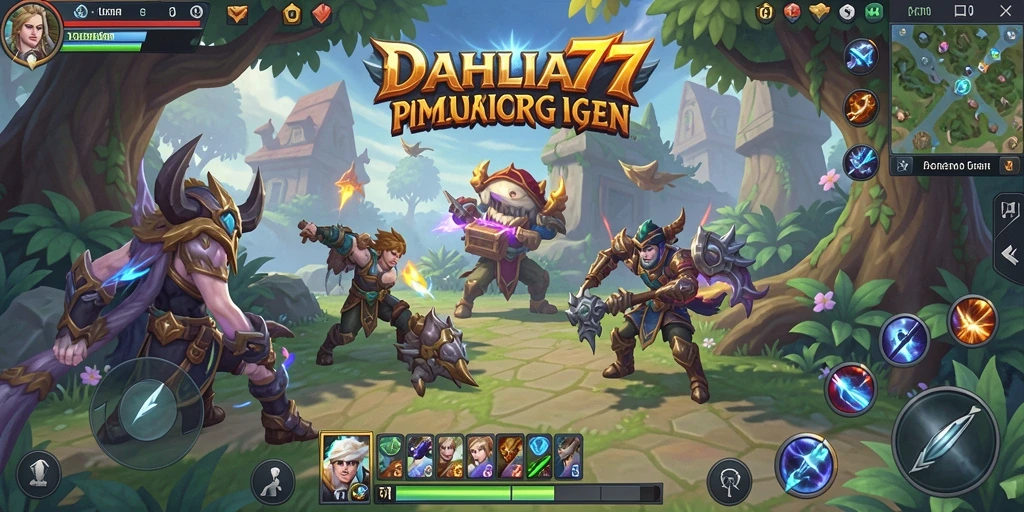 Screenshot gameplay DAHLIA77 menunjukkan pertarungan epik di dunia fantasi.