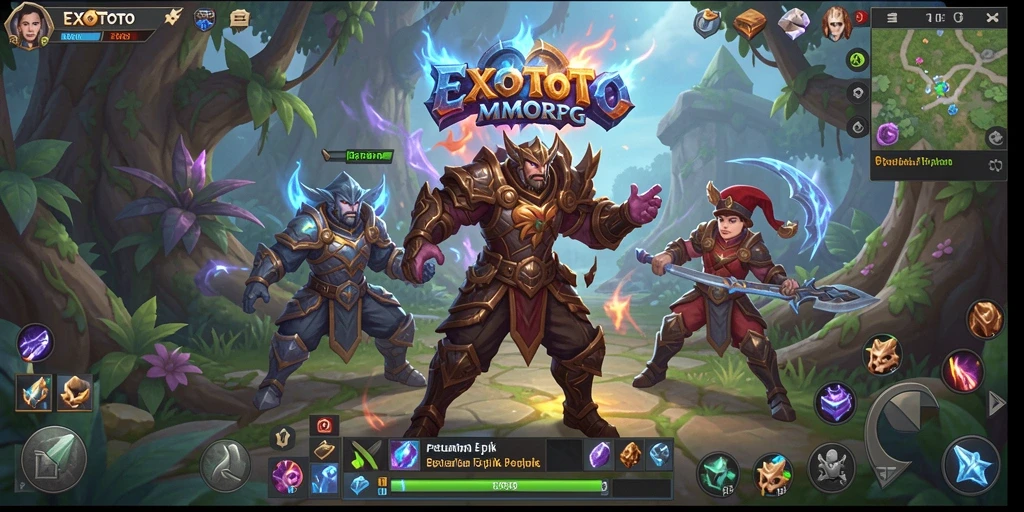 Screenshot gameplay <strong>EXOTOTO</strong> menampilkan pertarungan epik antara karakter pemain dan monster besar.