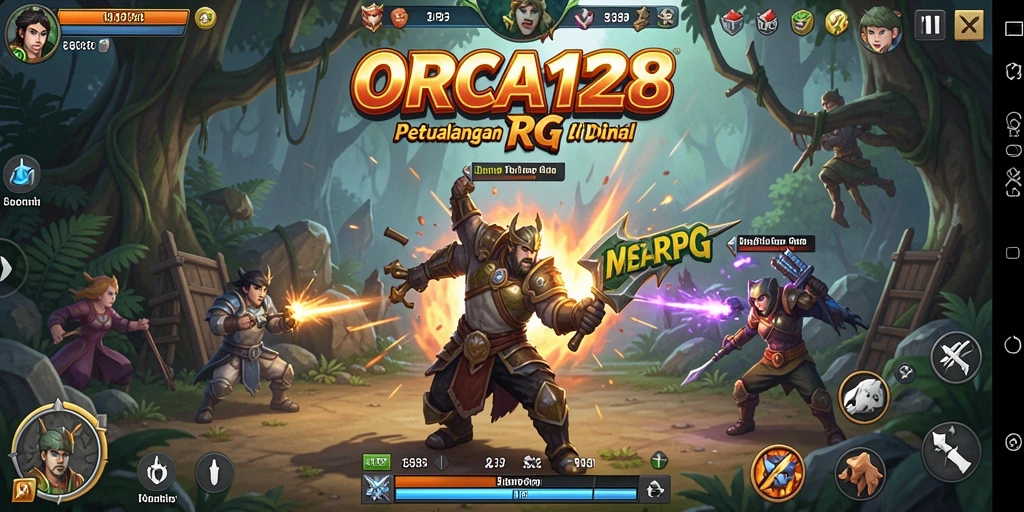 Tangkapan layar gameplay menampilkan pertarungan epik dan dunia yang luas di ORCA128.
