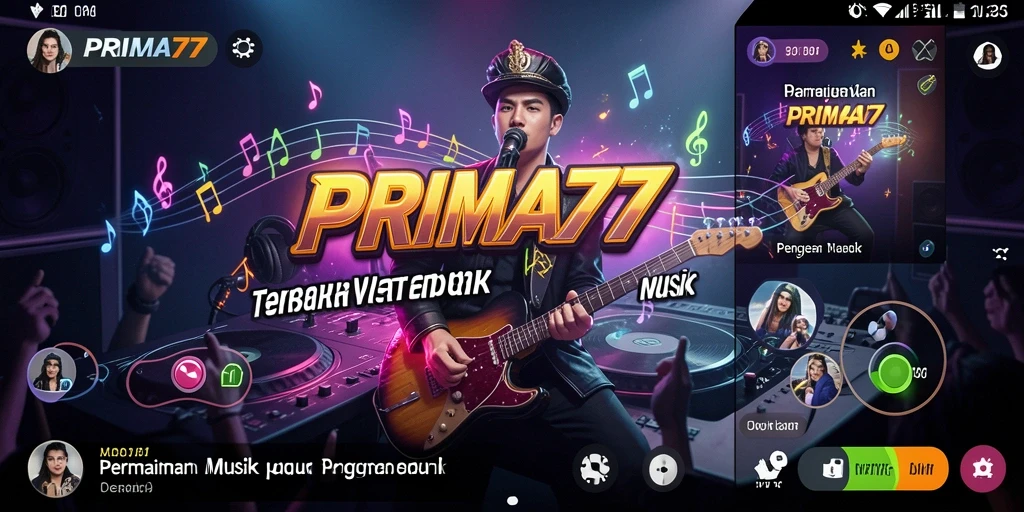 Tangkapan layar gameplay <strong>PRIMA77</strong> yang menunjukkan instrumen virtual dan tantangan musik.