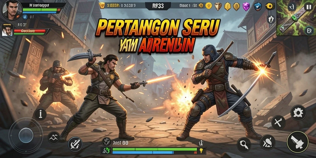 Tampilan gameplay RR33 dengan aksi pertarungan yang energik dan karakter yang bervariasi.