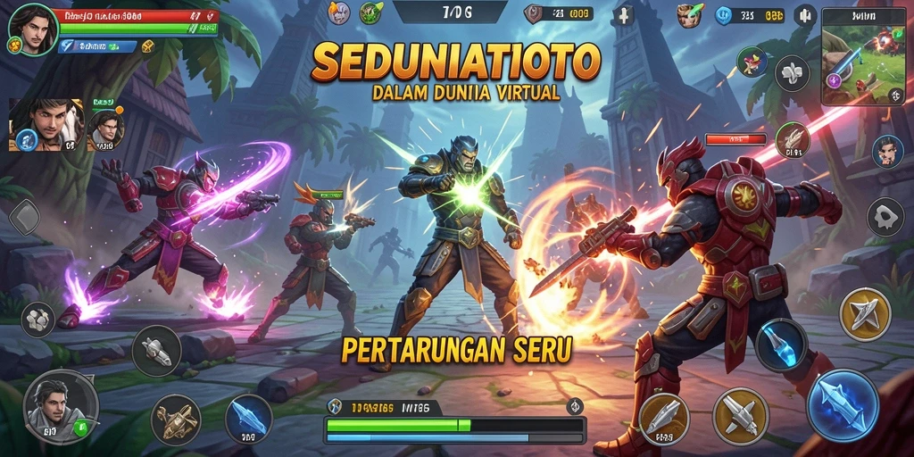 Tampilan intens pertarungan dalam SEDUNIATOTO dengan karakter unik.